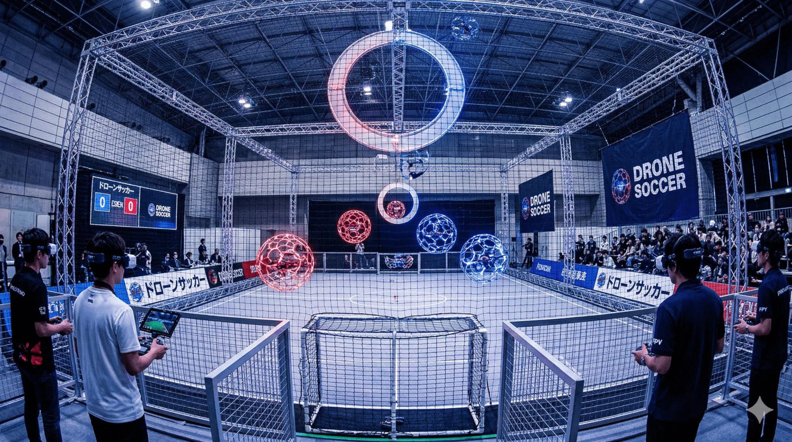 Illuminated drone balls and goal rings inside a netted drone soccer arena